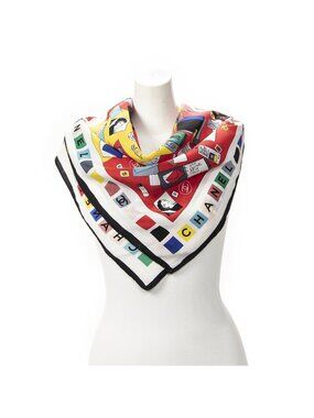 Chanel Scarf Red Ivory Green Silk